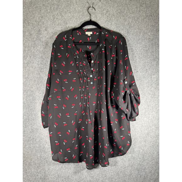 Avenue Tops - Avenue Blouse Women 22/24 Long Sleeve Black Roll Tab Cherry V Neck Office Casual